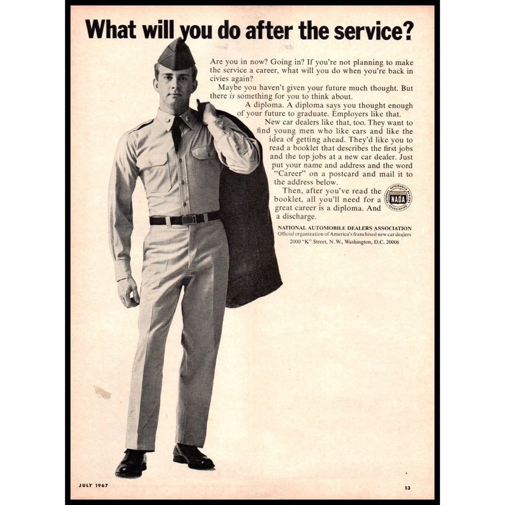 1967 NADA National Automobile Dealers Vintage Print Ad US Army Veteran Wall Art